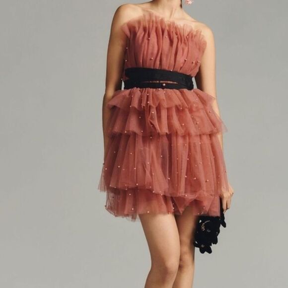 Anthropologie x Maeve Tiered Strapless Pearl Embellished Tulle Mini Dress - Picture 2 of 8